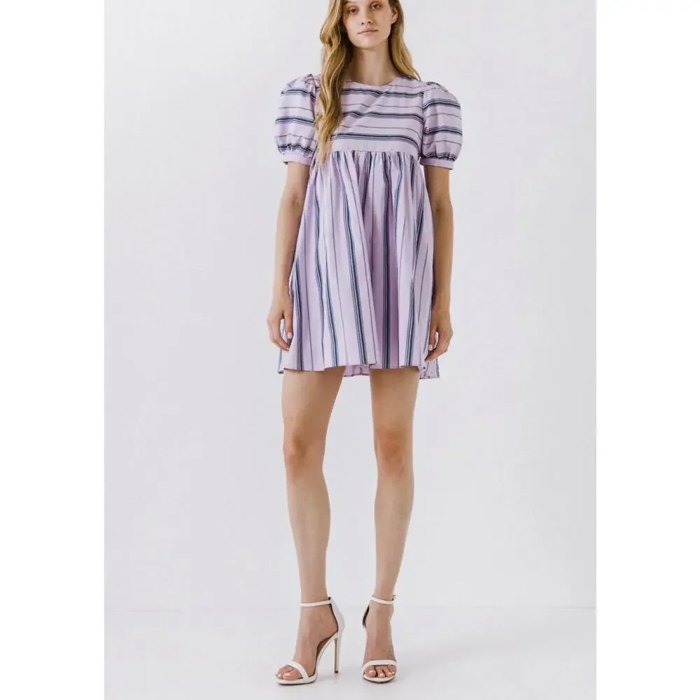 English Factory Puff Sleeve Striped Mini Dress size M Lilac Relaxed Babydoll New - Picture 10 of 10